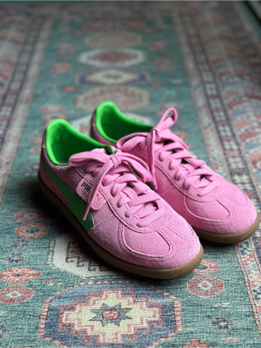 Puma Pink Suede Sneakers with Green Lining